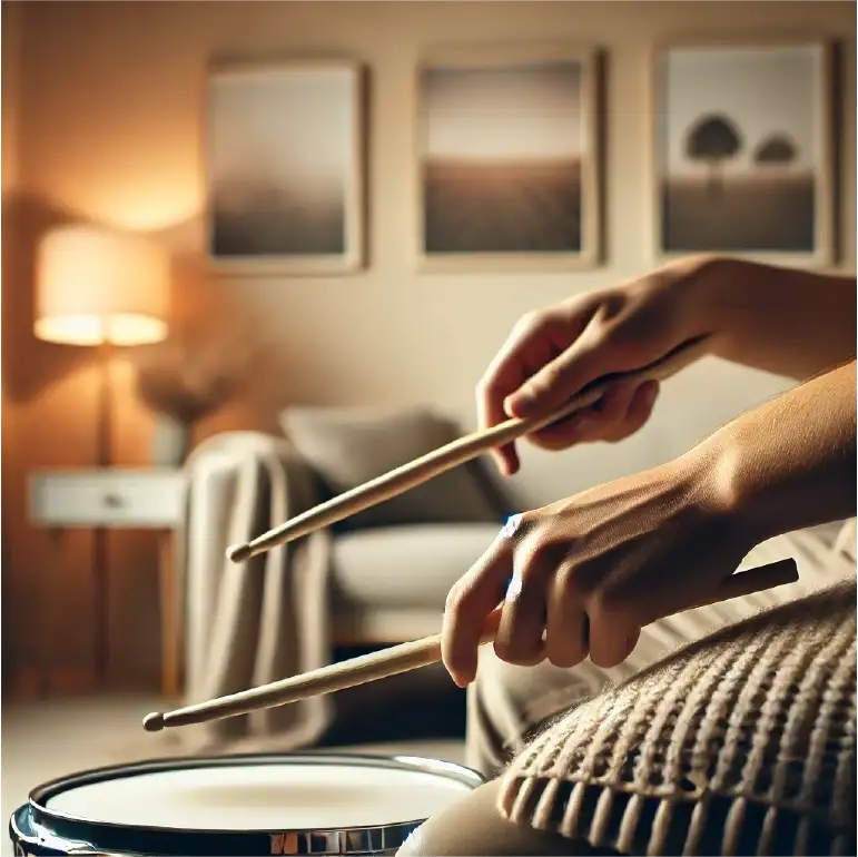 Prise correcte des baguettes de batterie en gros plan, dans un cadre cosy et minimaliste.