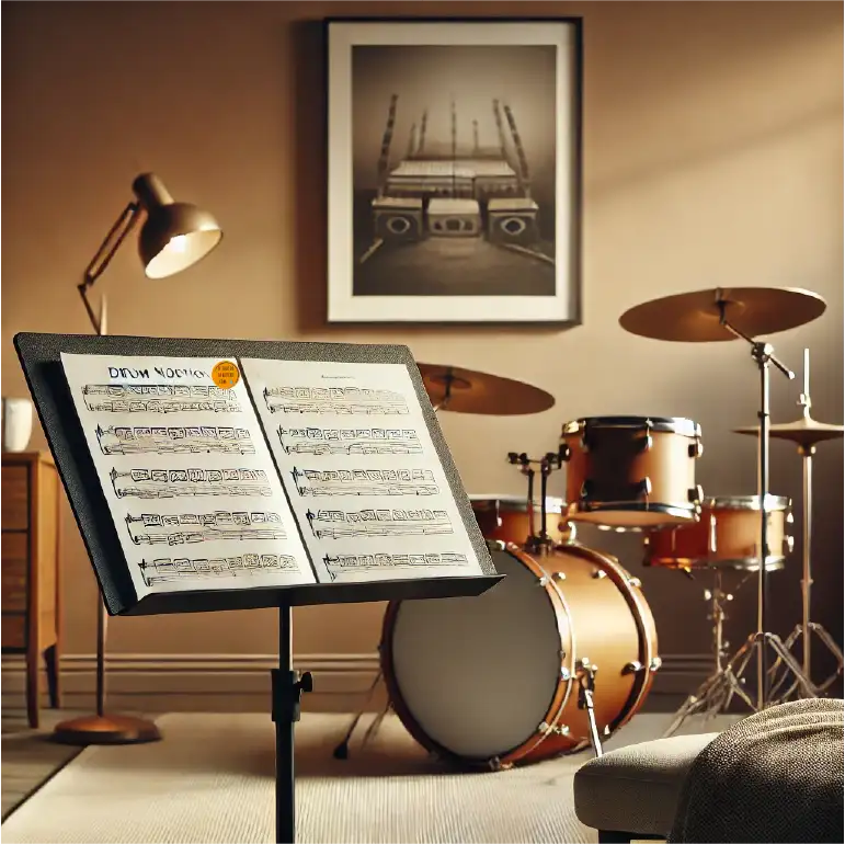 Ambiance minimaliste et chaleureuse pour l'apprentissage du solfège à la batterie, avec une partition bien en vue sur un pupitre et une batterie en arrière-plan dans un cadre décoratif.