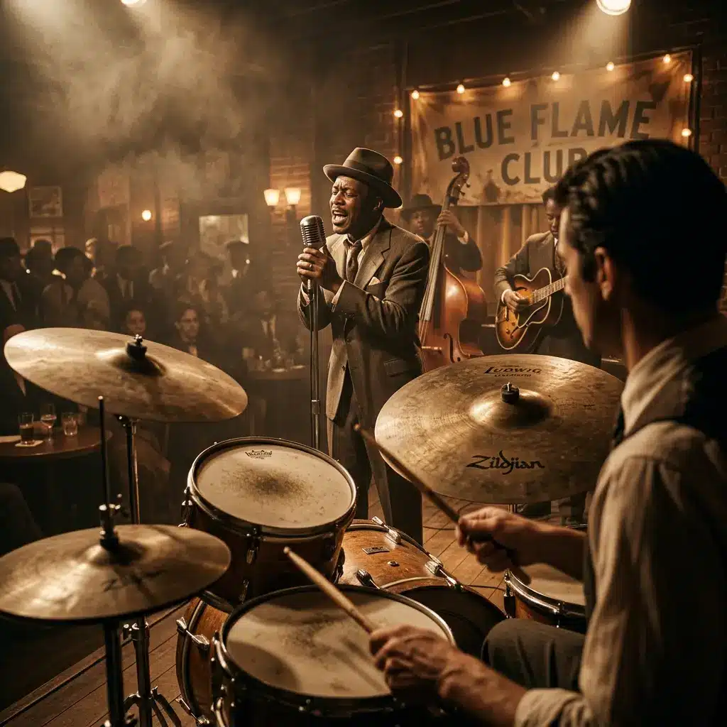 Batteur_regarde_chanteur Vue depuis la batterie d'un batteur attentif à son chanteur sur la scène d'un club de blues