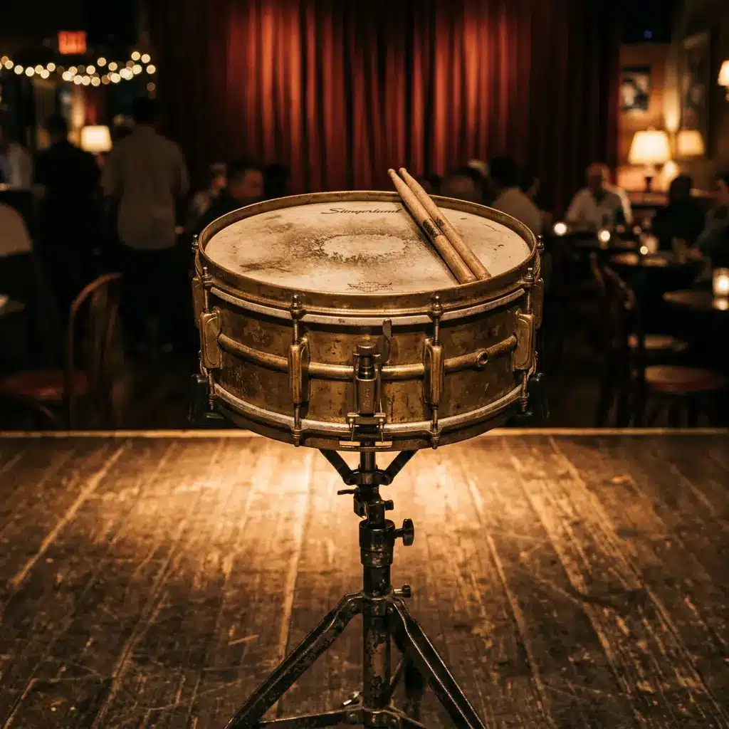 Caisse claire Zoom sur une caisse claire vintage en laiton sur une scène de club de blues