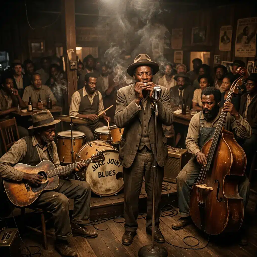 groupe de blues Groupe de blues traditionnel des années 1930 jouant sur une scène en bois